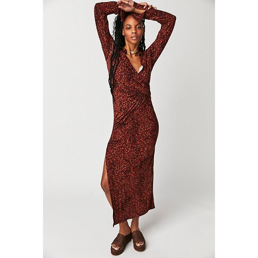 New Free People Shayla Faux Wrap Midi Dress $128 SMALL Long Sleeve